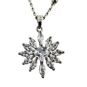 Cubic Zirconia Princess Marquise Flower Prong Set Silver Tone 18" Necklace
